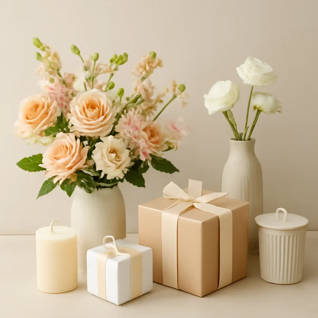 Flowers paired with gifts and home decor accents